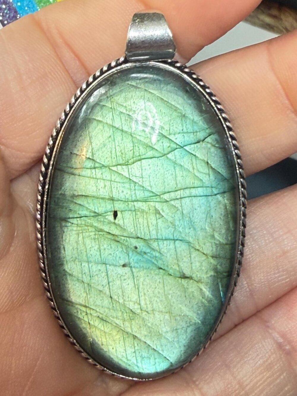 Green Flash Labradorite Pendant 925 Bale Oval Cabochon